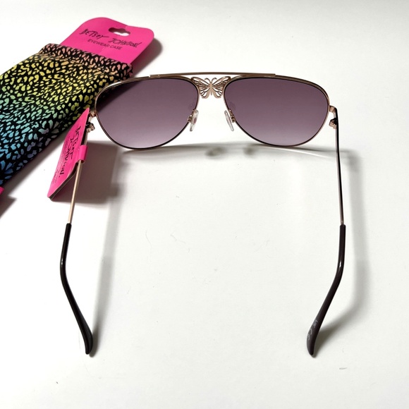 New Original BETSEY JOHNSON Butterfly Aviator Sunglasses + Pouch Gold Metal - Picture 6 of 8
